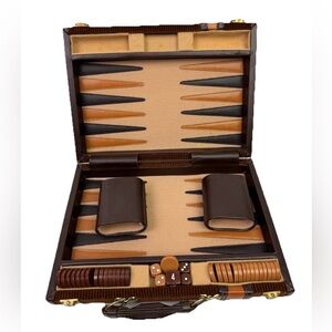 Vintage Brown & Tan Backgammon Set Complete 15.5 X 10.75” Case 
( F 1)
